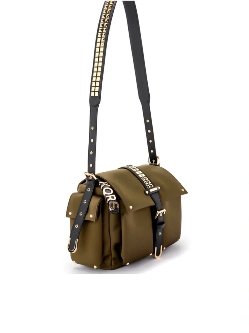 NWOT Michael Kors Olivia Studded Satin Messenger Bag Olive $378